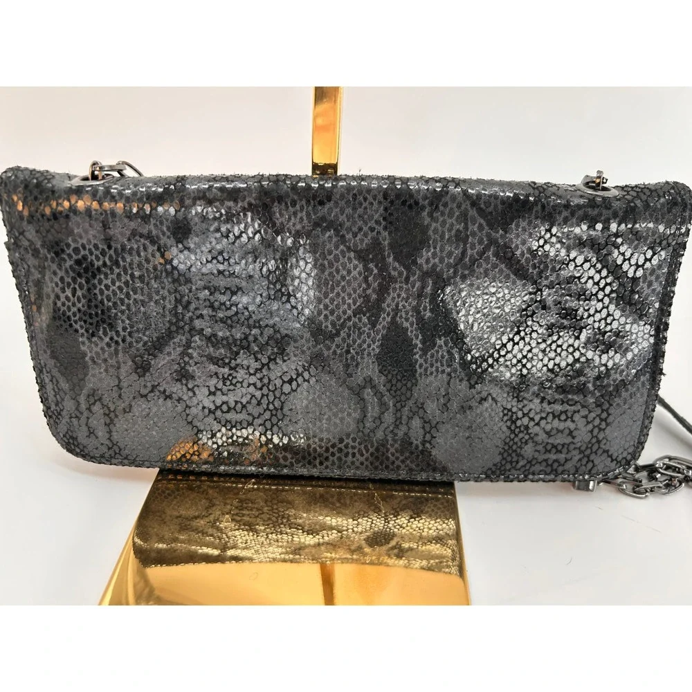Tory Burch Black Snakeskin Embossed Convertible Shoulder Bag Clutch Wallet Chain